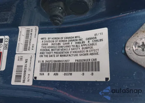 2011 Honda Civic Lx from USA, damaged, VIN 2HGFG1B60BH512077